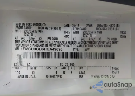 2017 Ford Escape Se from USA, damaged, VIN 1FMCU0GD6HUA49696